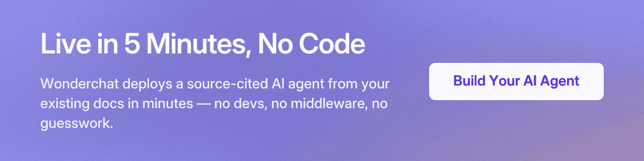 Live in 5 Minutes, No Code. Wonderchat deploys a source-cited AI agent from your existing docs in minutes — no devs, no middleware, no guesswork. Build Your AI Agent.