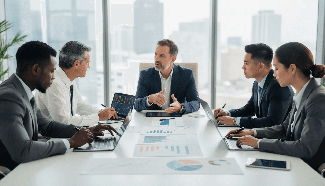 A diverse group of individuals is engaged in a lively discussion around a table, analyzing financial charts and exchanging investment strategies. They explore various topics such as stock market trends, real estate investments, and passive income ideas, aiming to build wealth and secure their financial future.