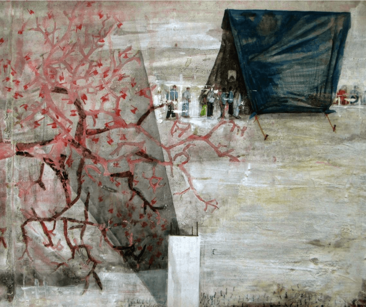 herd of sheep on road painting