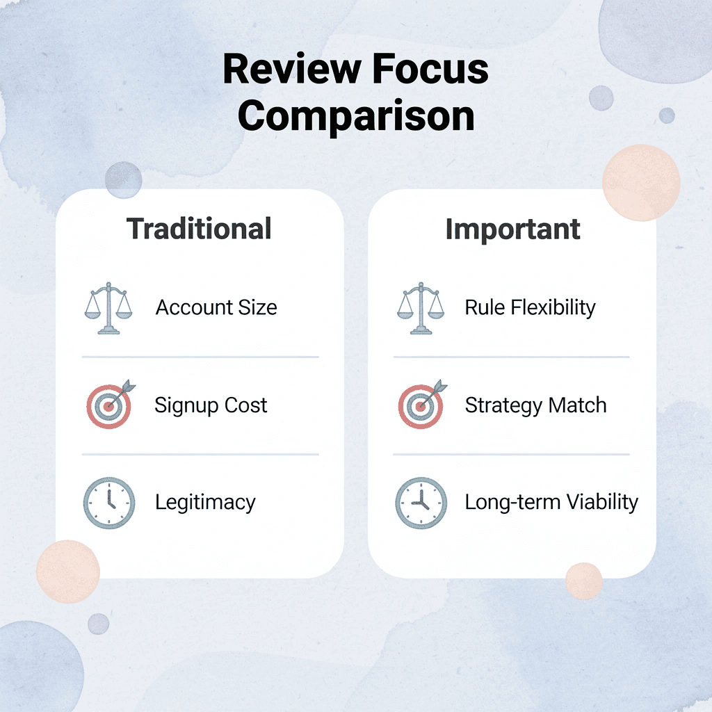 Comparison chart showing traditional review focus versus actually important factors