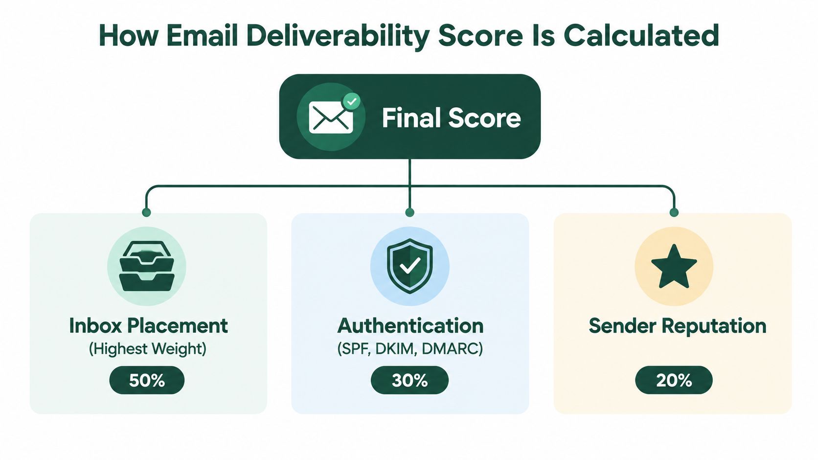 A diagram illustrating how an email deliverability score is calculated using three weighted factors.