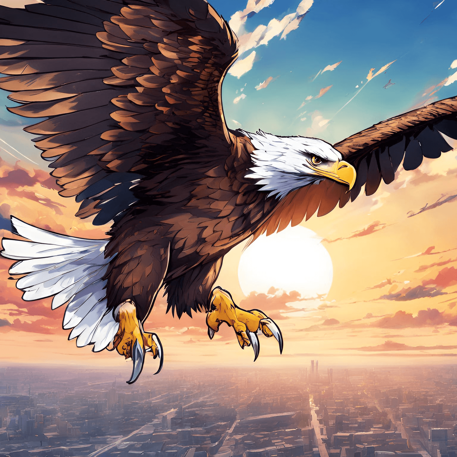 an eagle soaring over a densely populated city bustling with commerce