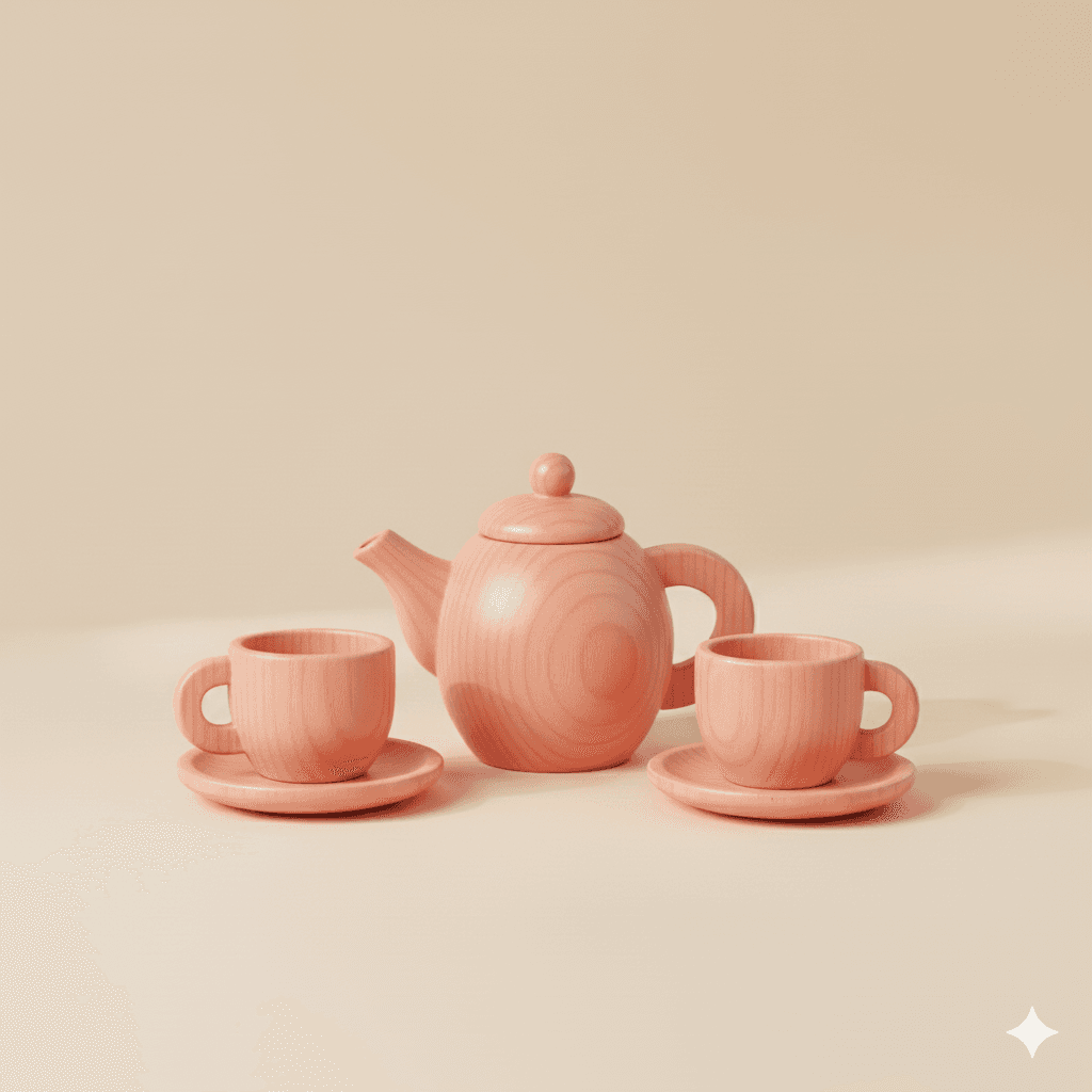 Three-piece minimalist wooden toy tea set in soft coral pink, including a teapot and two cups with saucers.
