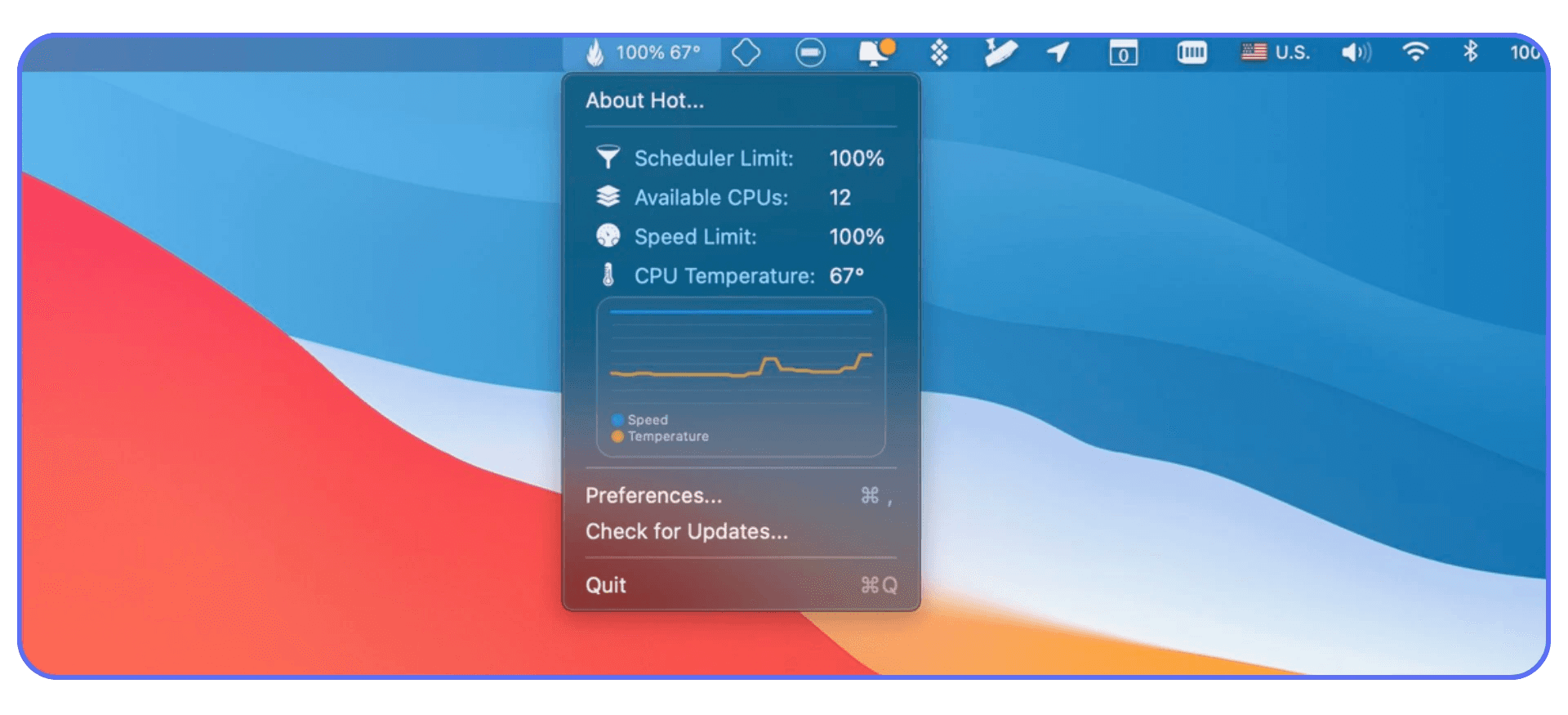 MacOS status bar utility showing CPU temperature, available cores, speed limit, and a small performance graph