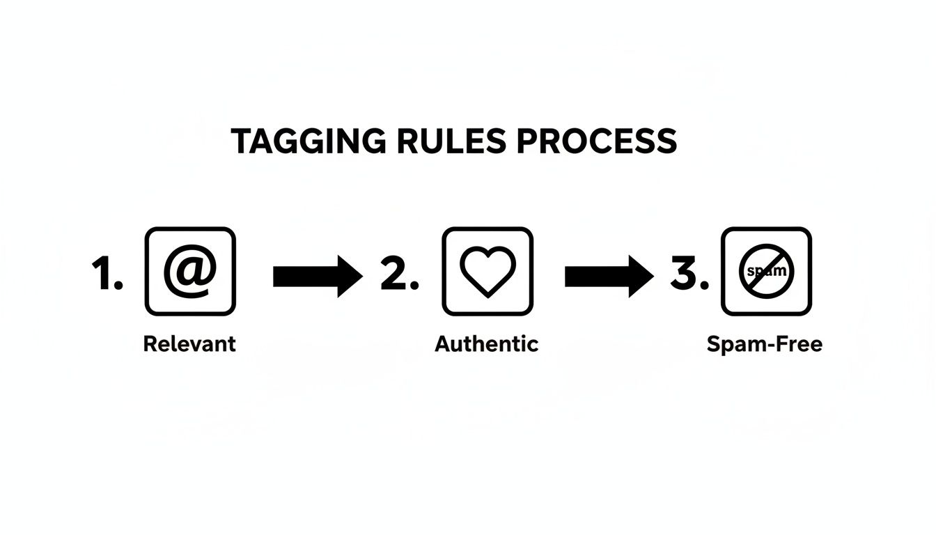 A three-step diagram outlining the tagging rules process: Relevant, Authentic, and Spam-Free.