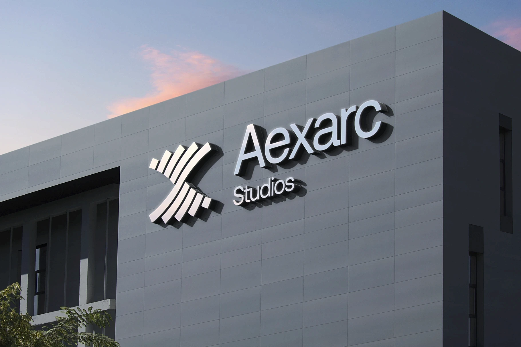 3D logo mockup with a silver chrome finish on a dark grey corporate building.