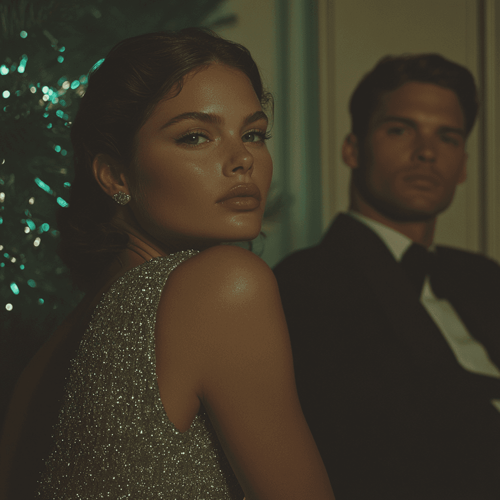 A glamorous woman in a sparkling dress looks confidently at the camera, while a man in a tuxedo sits in the background. 