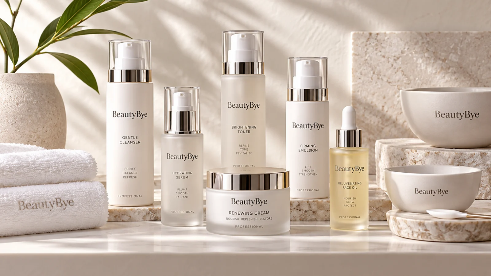 BeautyBye professional skincare bottles, serum and cream arranged on a neutral spa counter