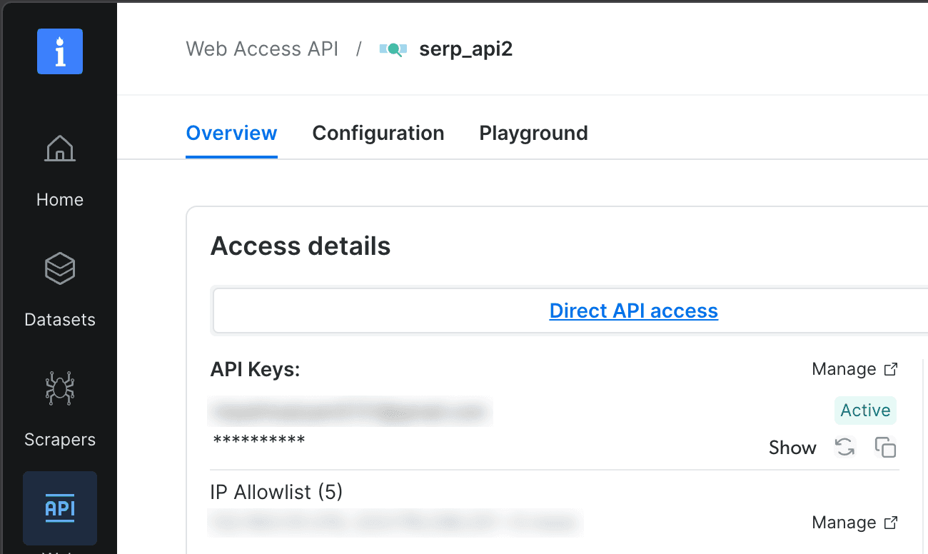 Bright Data control panel on the serp_api2 zone's Overview tab, with Direct API access, an active API key, and an IP allowlist. Private details are blurred.