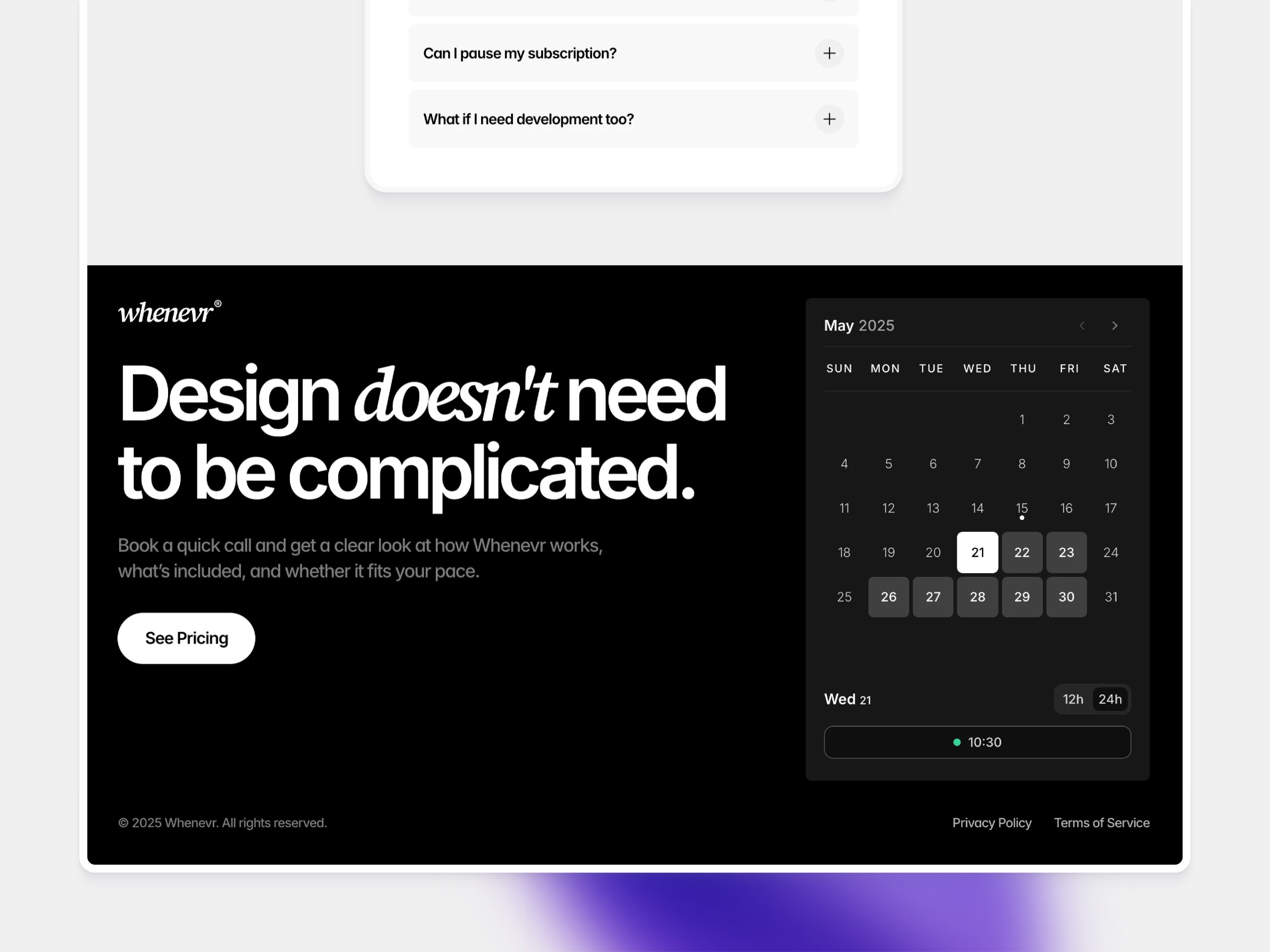 A minimalist website design featuring the phrase, "Design doesn't need to be complicated," on a dark background.