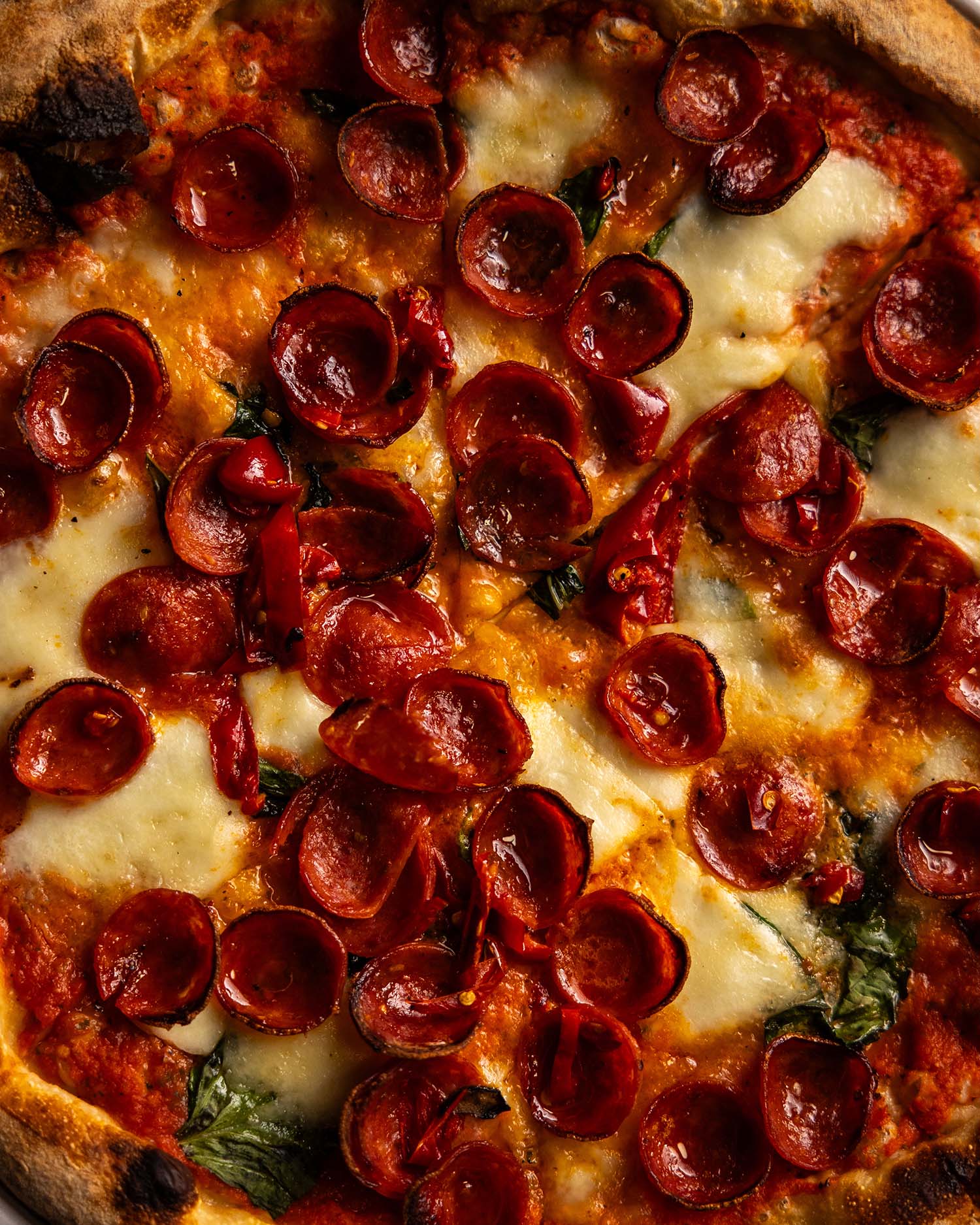 Wooden Paddle Pepperonly pizza close up pepperoni detail food photography La Grange IL