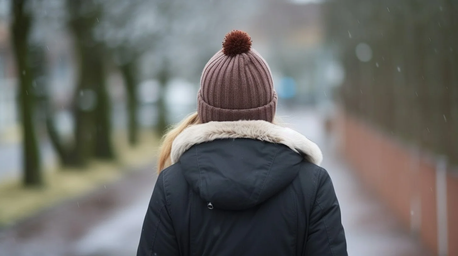 Back of a womans head and shoulders. She is wearing a coat and beanie hat in the rain