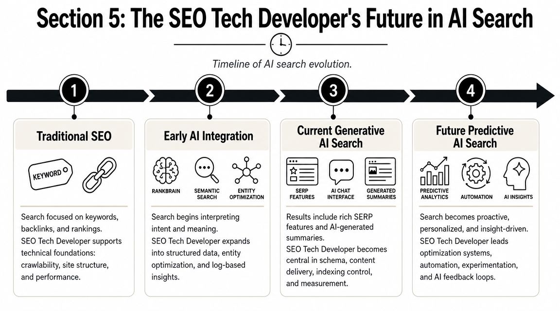 A timeline graphic showing the evolution of SEO tech developers through traditional, early AI, generative, and future predictive search.
