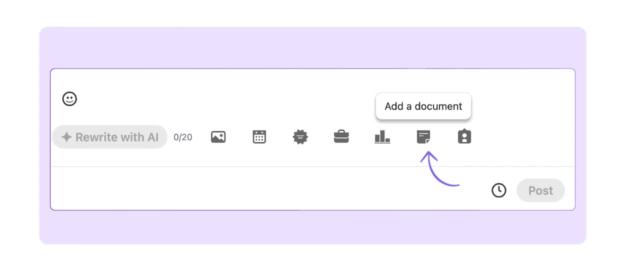 A screenshot highlighting LinkedIn's document attachment feature, wih a blurb on top prompting the user to add a document