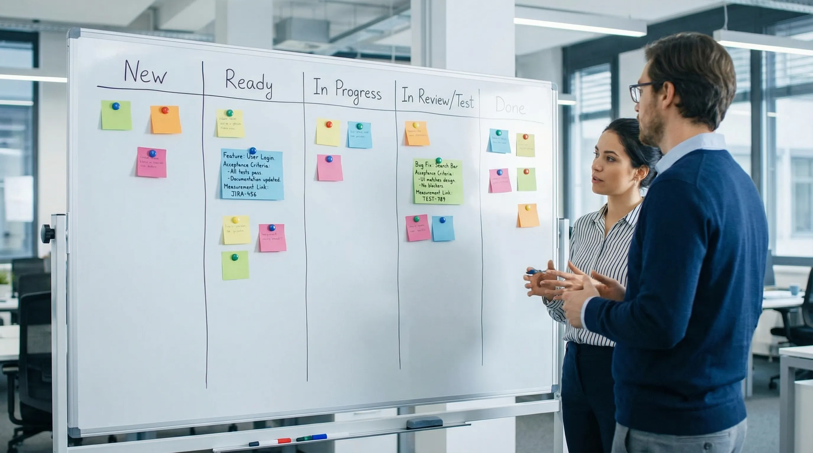 Példa egy egyszerű Kanban boardra: oszlopok New, Ready, In Progress, In Review/Test, Done, és néhány kártyán látszik az elfogadási kritérium és a mérési hivatkozás.