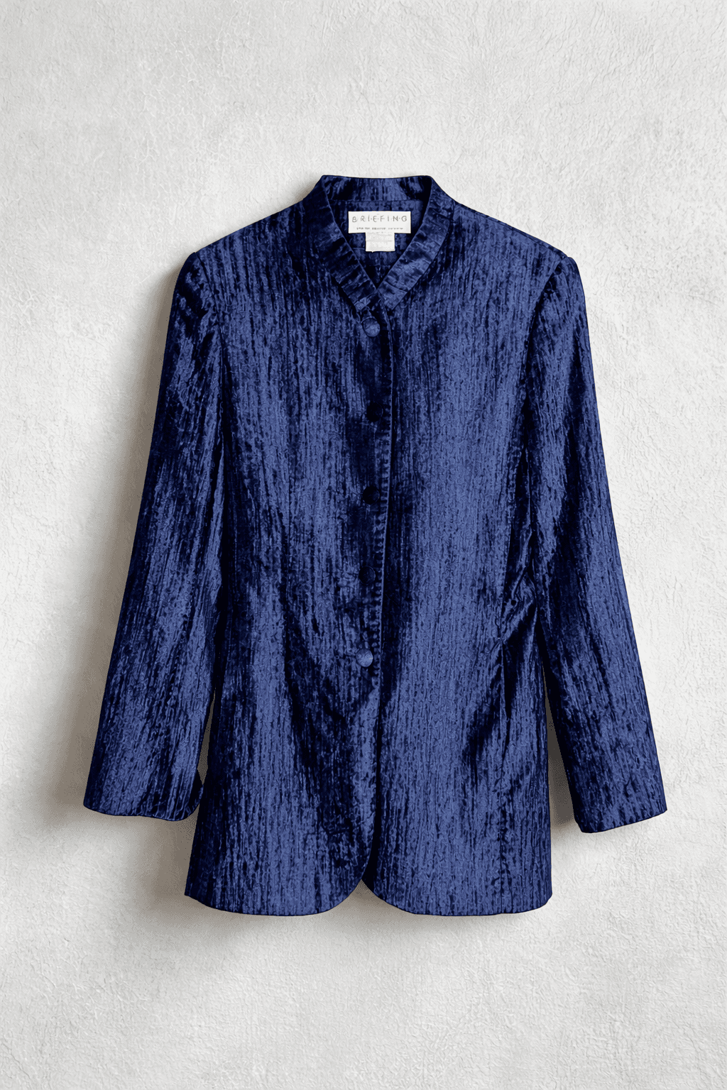 Navy blue textured blazer displayed flat