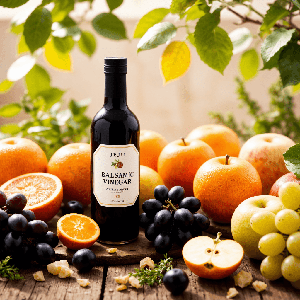 product photography of Jeju tangerine, apple, green grape balsamic vinegar gift set