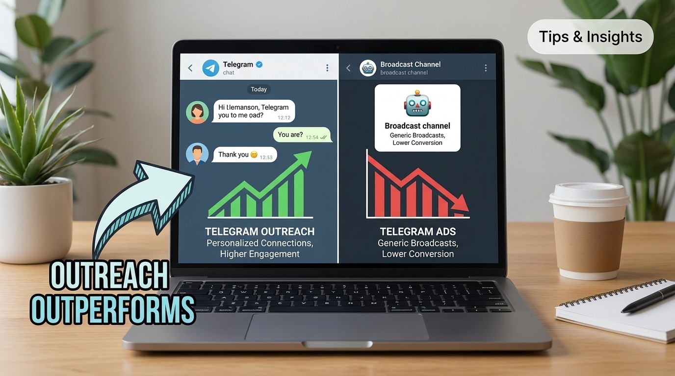 Telegram Outreach vs Telegram Ads picture on the laptop screen
