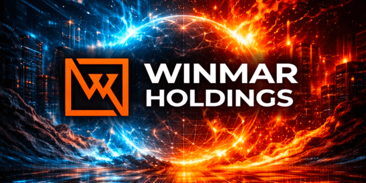 The image shows the "Winmar Holdings" logo centered between blue and orange flames, symbolizing energy and contrast. The background has a digital, futuristic cityscape.