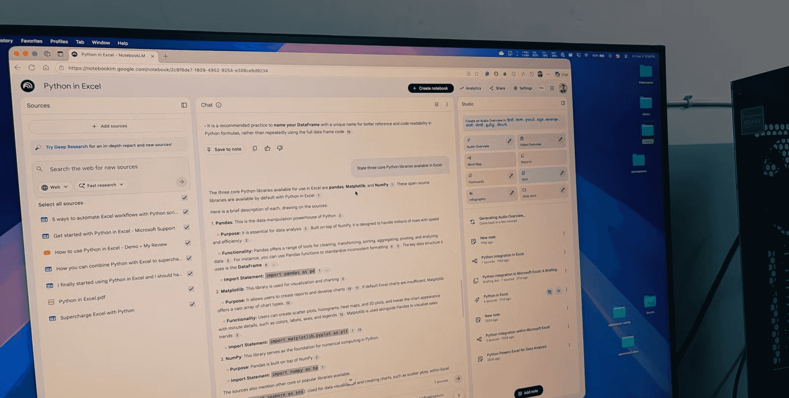 Monitor displaying NotebookLM interface about Python - Data Visualization With Python in Excel