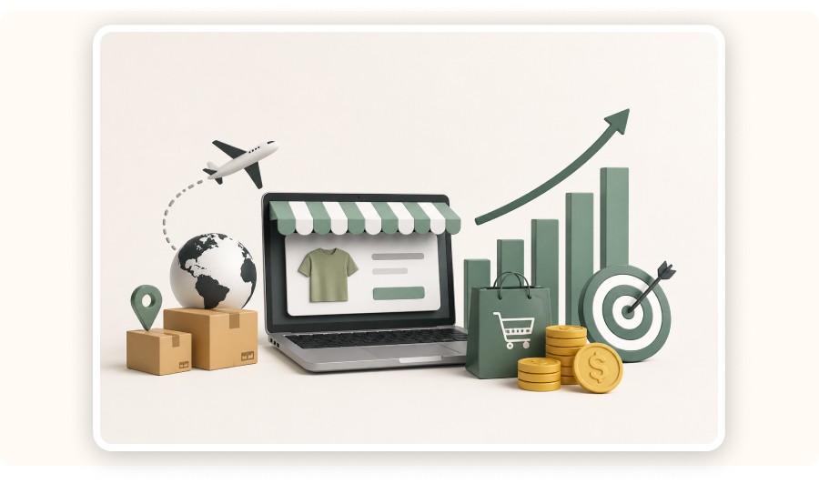 Minimal dropshipping illustration showing ecommerce growth, logistics, profit and automation