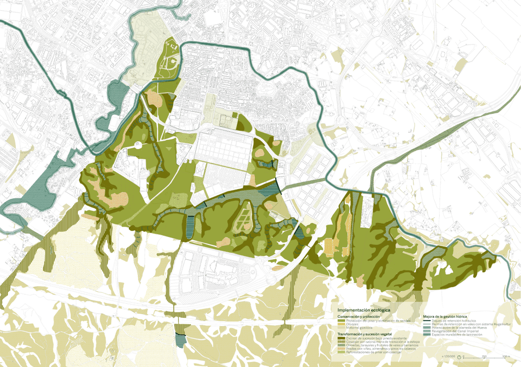 Plano de Implementación ecológica. Propuesta de vegetación diferenciada y zonas de laminación