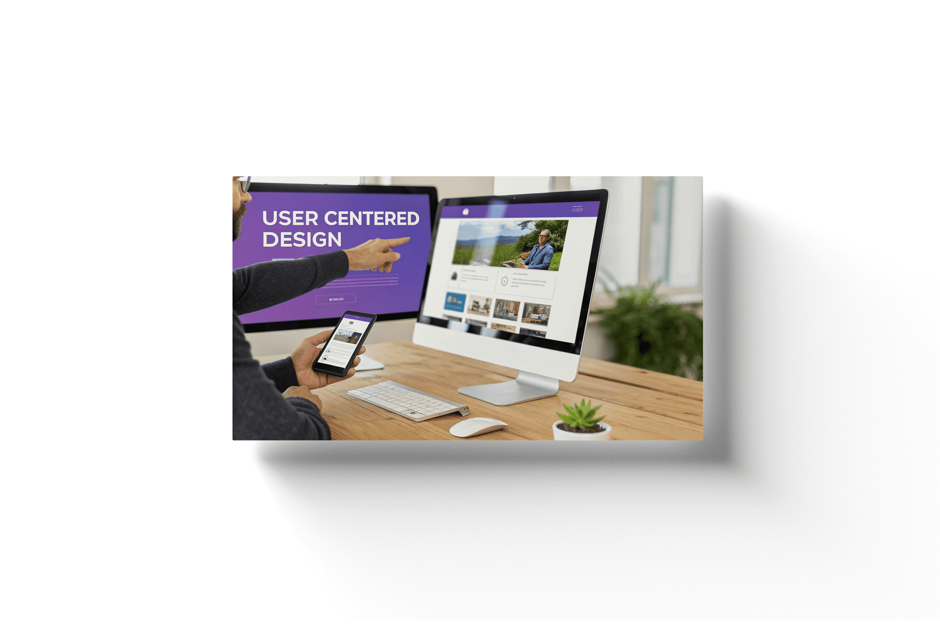 a man pointing at a purple computer screen with the text 'user centered design'