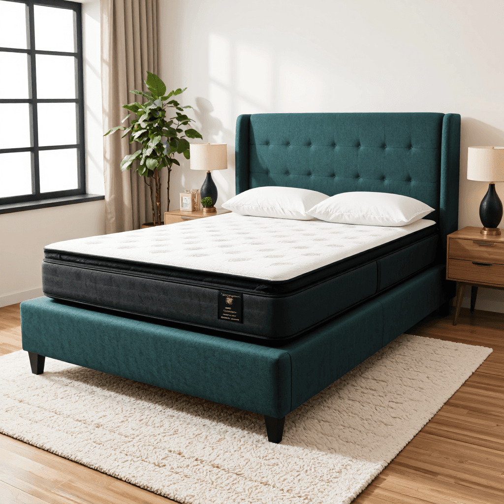product photography of a bed with a soft headboard and a mattress