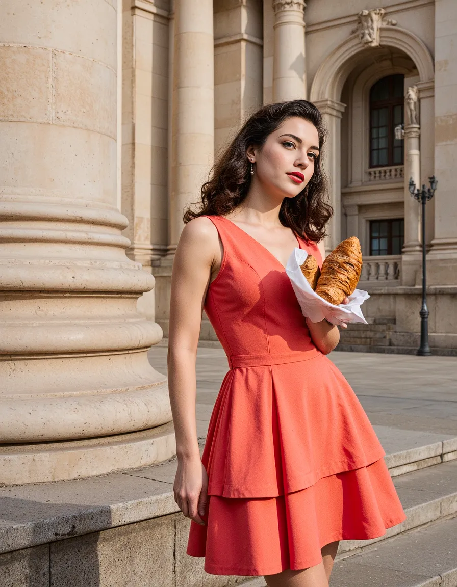 Fashion portrait featuring a coral dress against classical architecture with golden light highlighting the elegant silhouette and textural contrast.