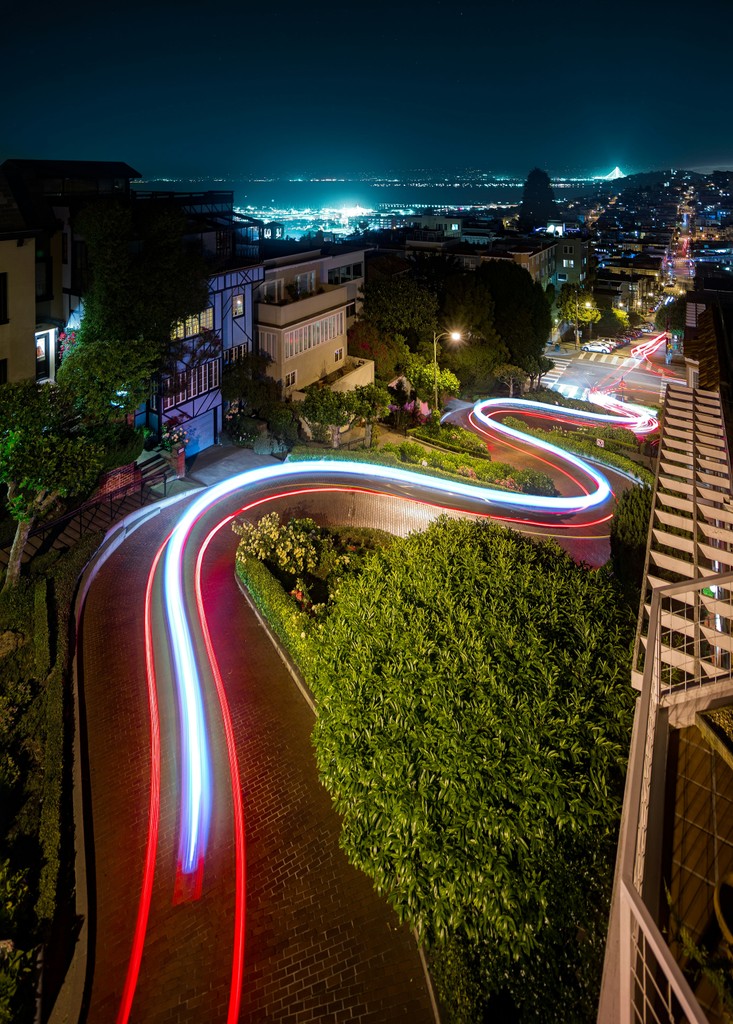 Light trails on a windy street in a city