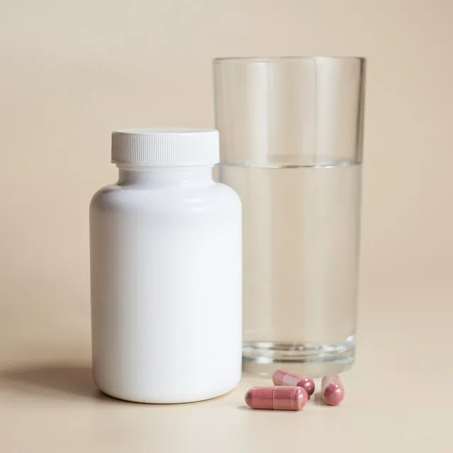Potassium Supplement bottle with water in a glass