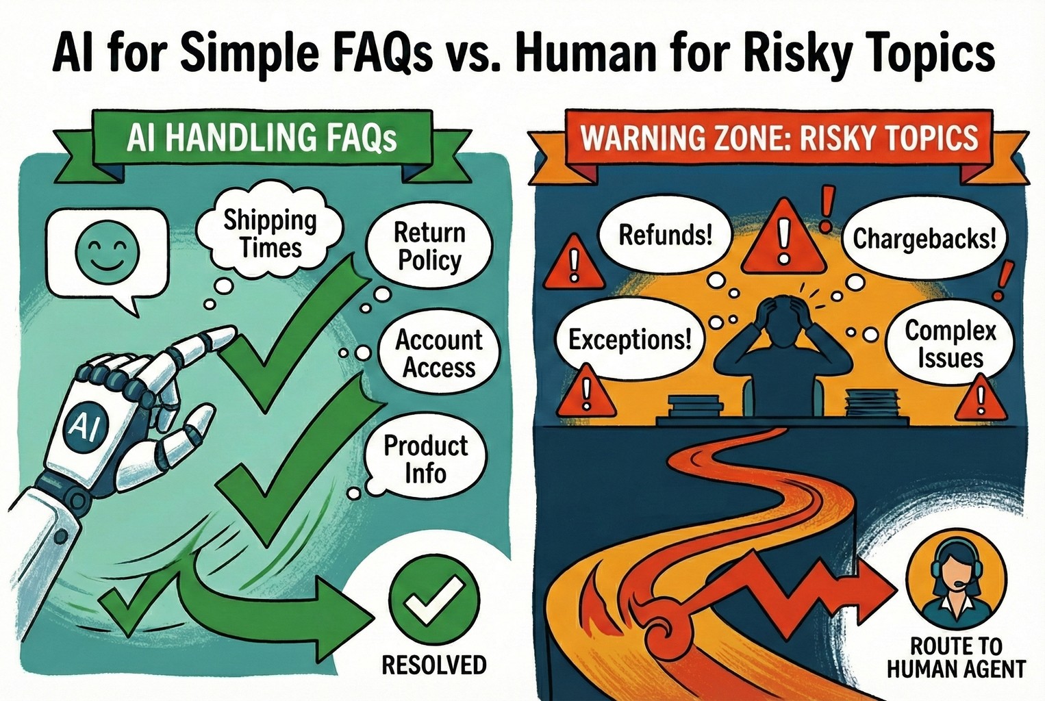 Graphic showing AI answering FAQs quickly while routing risky topics like refunds and disputes to a human.