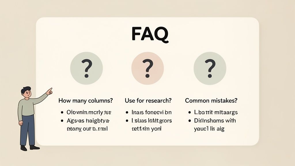 A cartoon person points to an FAQ section with three columns of questions and answers.