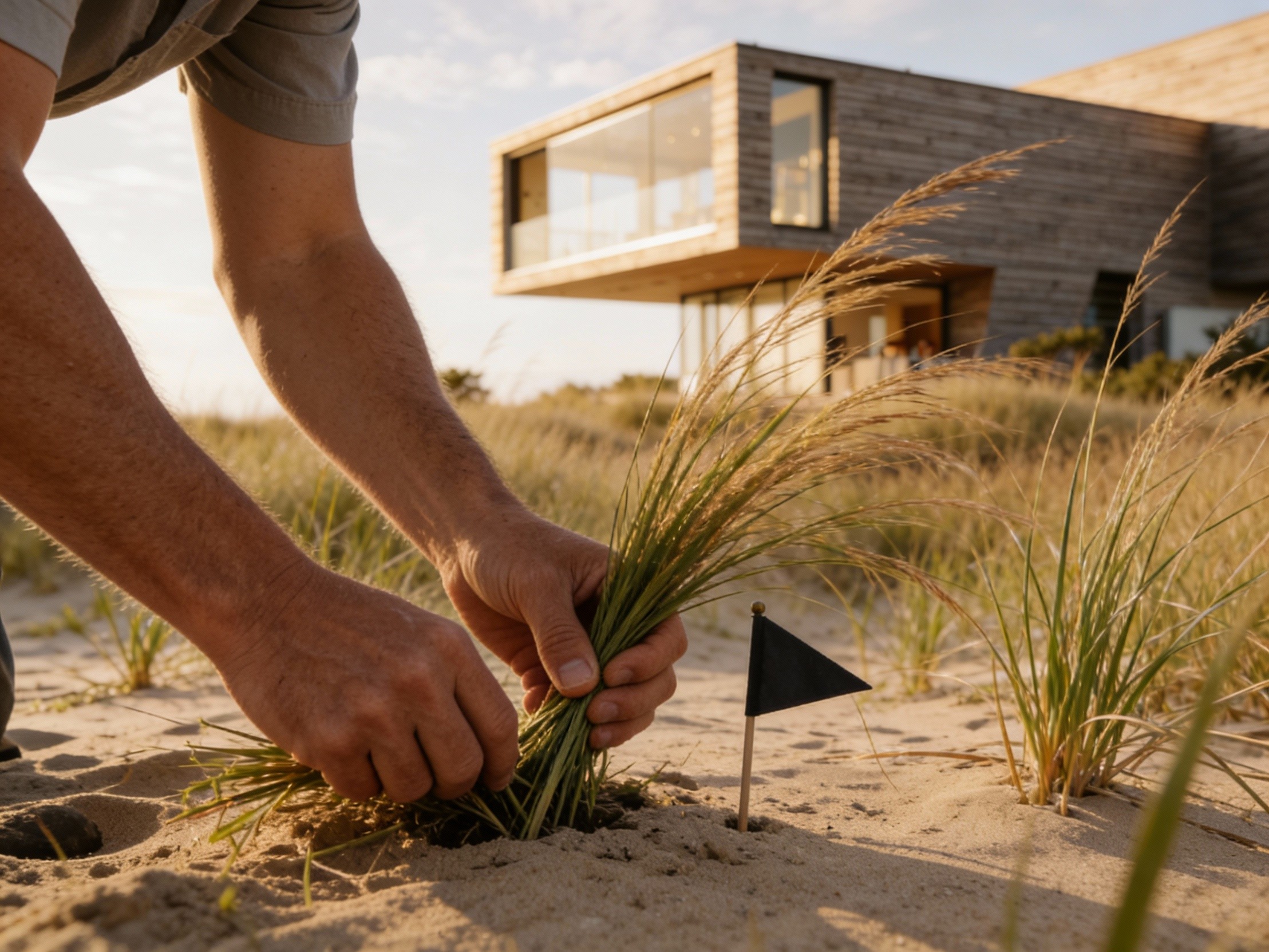 A landscape installer placing ornamental grasses during early planting stages.
