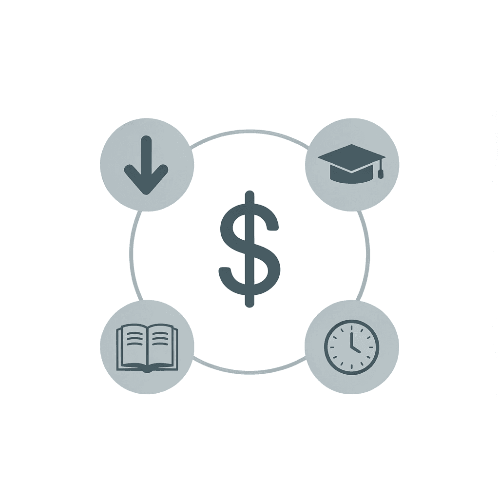 Central hub showing missed scholarship connected to four surrounding impacts: financial freedom, career choices, life decisions, and debt
