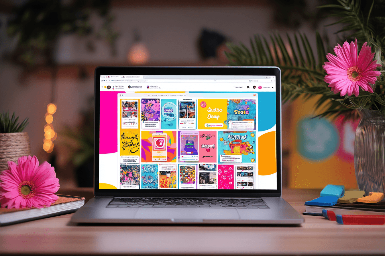 A laptop on a desk displays a colorful website, surrounded by pink flowers and warm ambient lighting.