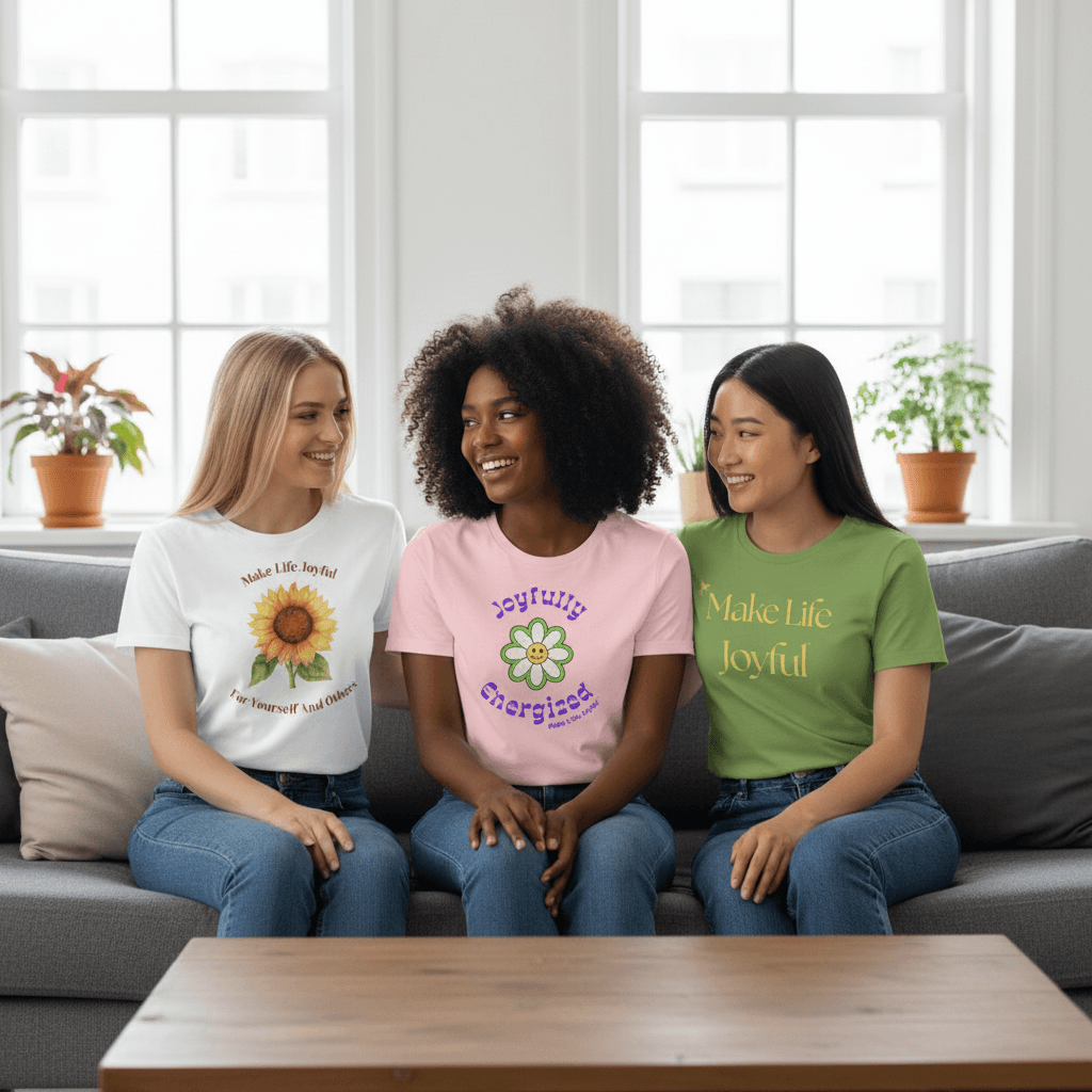 3 women wearing different tshirts sat on a sofa in a modern living room