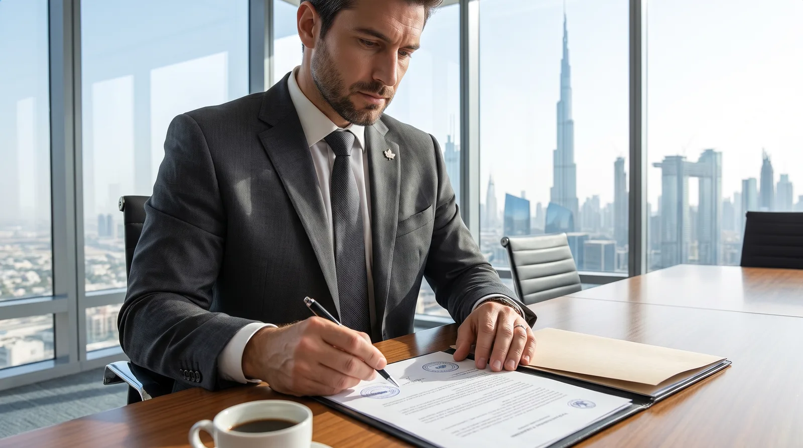 Canadian founder planning a Dubai company setup at a modern desk with the skyline behind