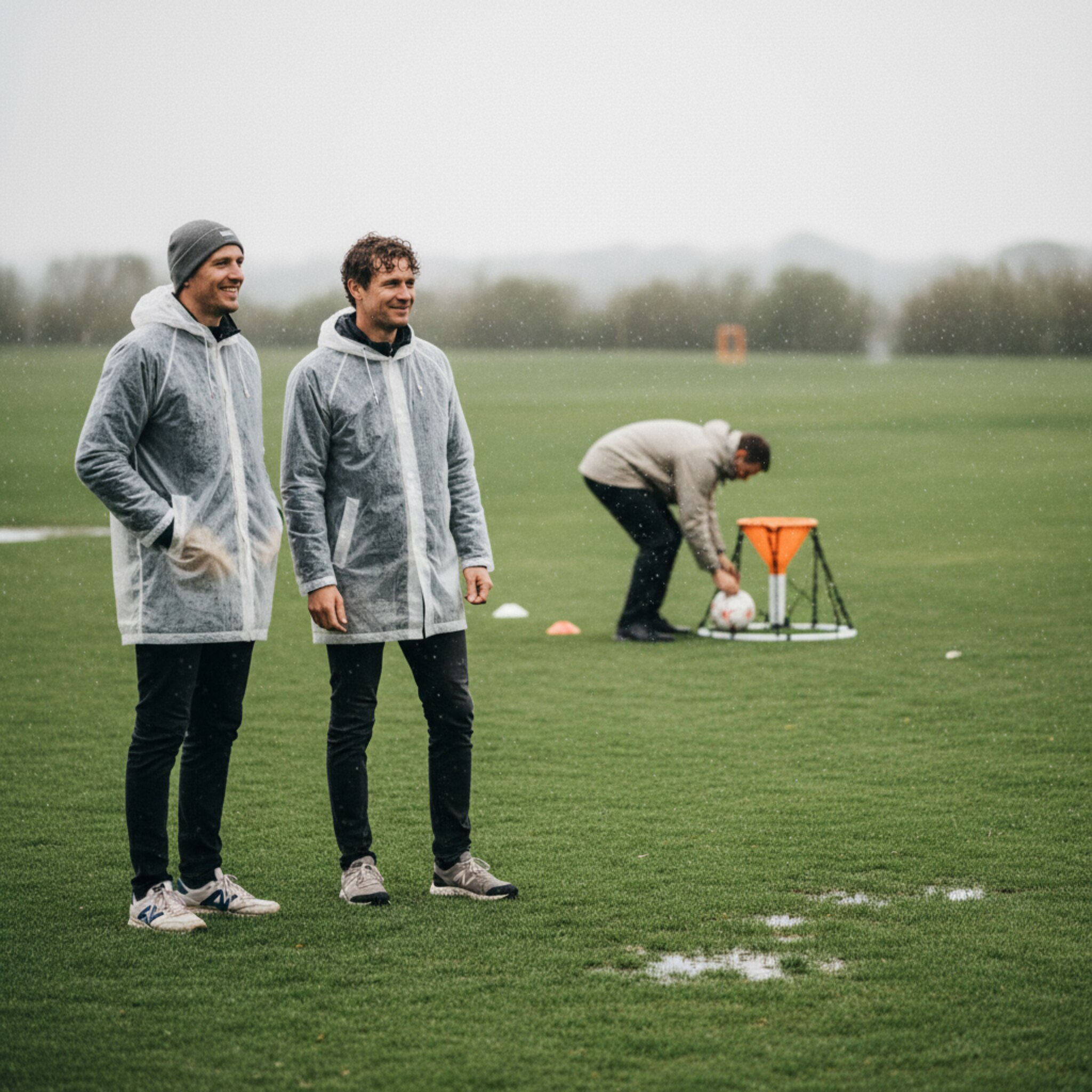 Feiner Nieselregen perlt auf das kurzgeschnittene Gras, die Farben wirken satt und frisch. Zwei Spieler im leichten Regenmantel schmunzeln, nachdem ein Schuss knapp das Ziel verfehlt. Ein Mitarbeiter richtet Startmarkierungen aus und prüft die Bahn. Die Stimmung ist ruhig, fokussiert und wettergeprägt.