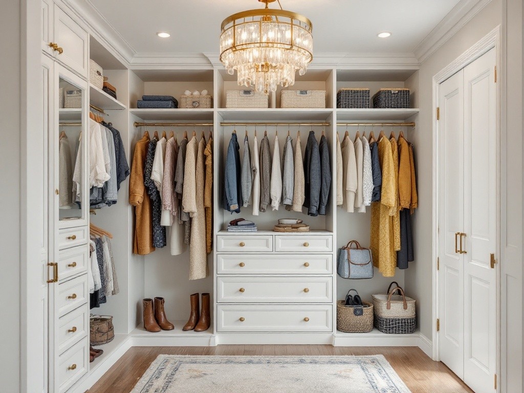 A walk-in closet with white cabinets and a chandelier