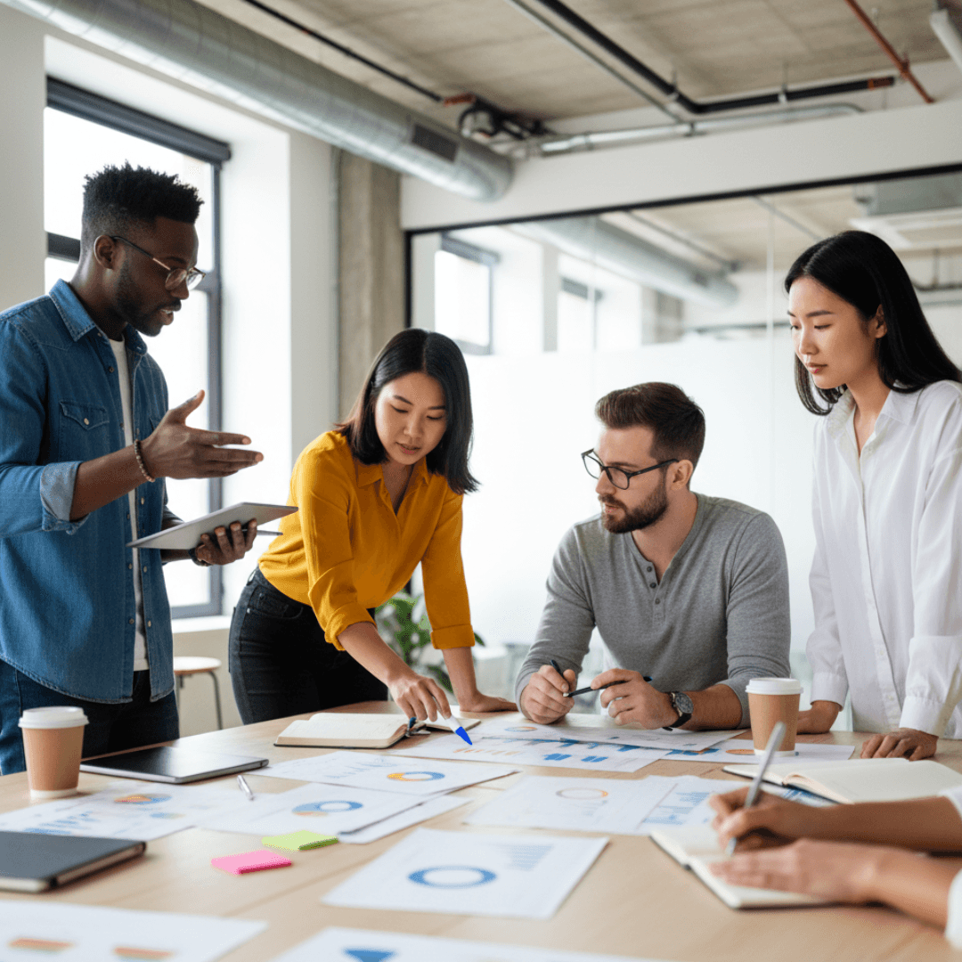 Équipe en réunion de communication collaborant autour de supports visuels dans un open space moderne