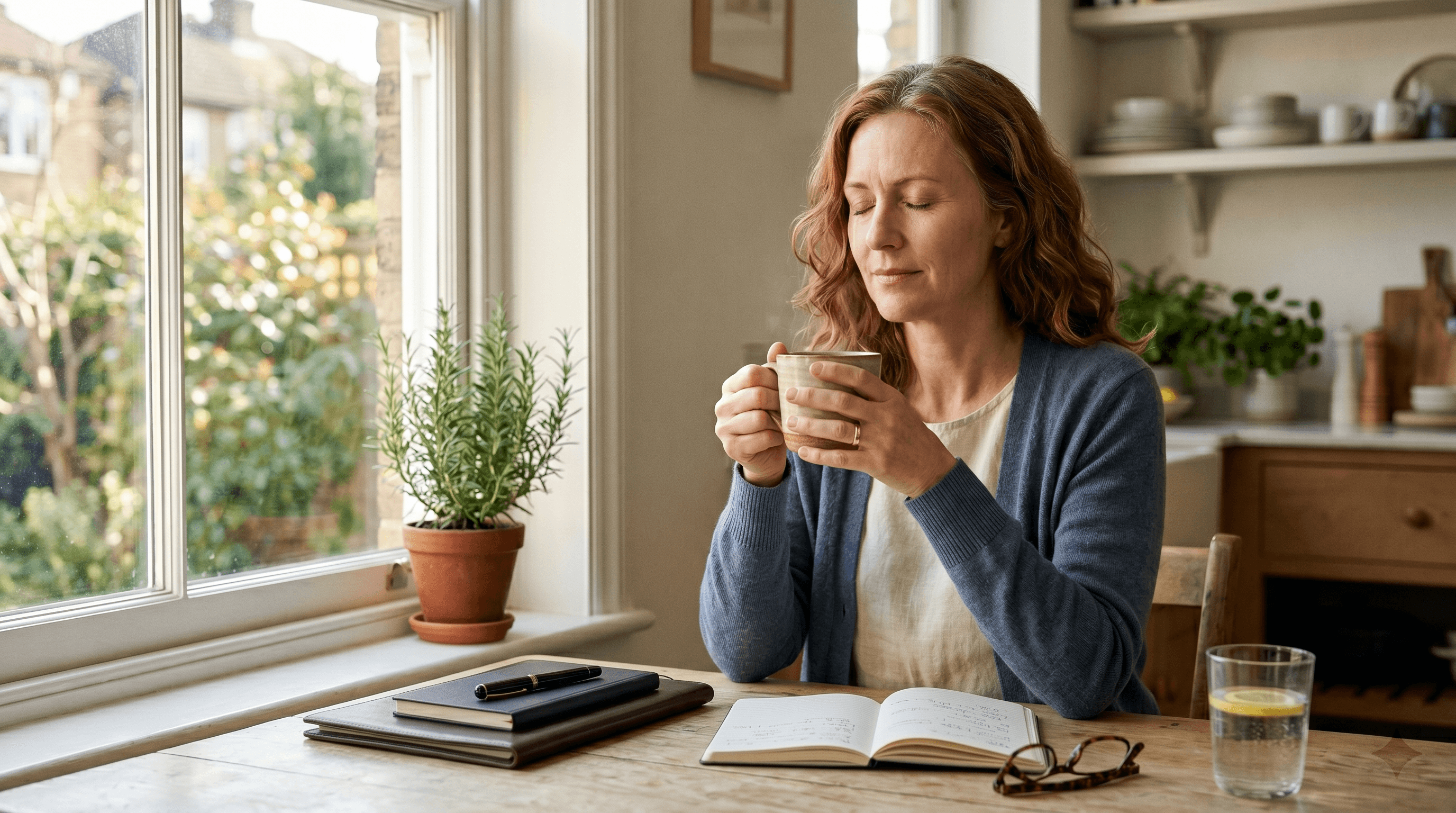 Woman in her late forties at a sunlit kitchen table with a journal and tea, taking a quiet moment before opening her laptop