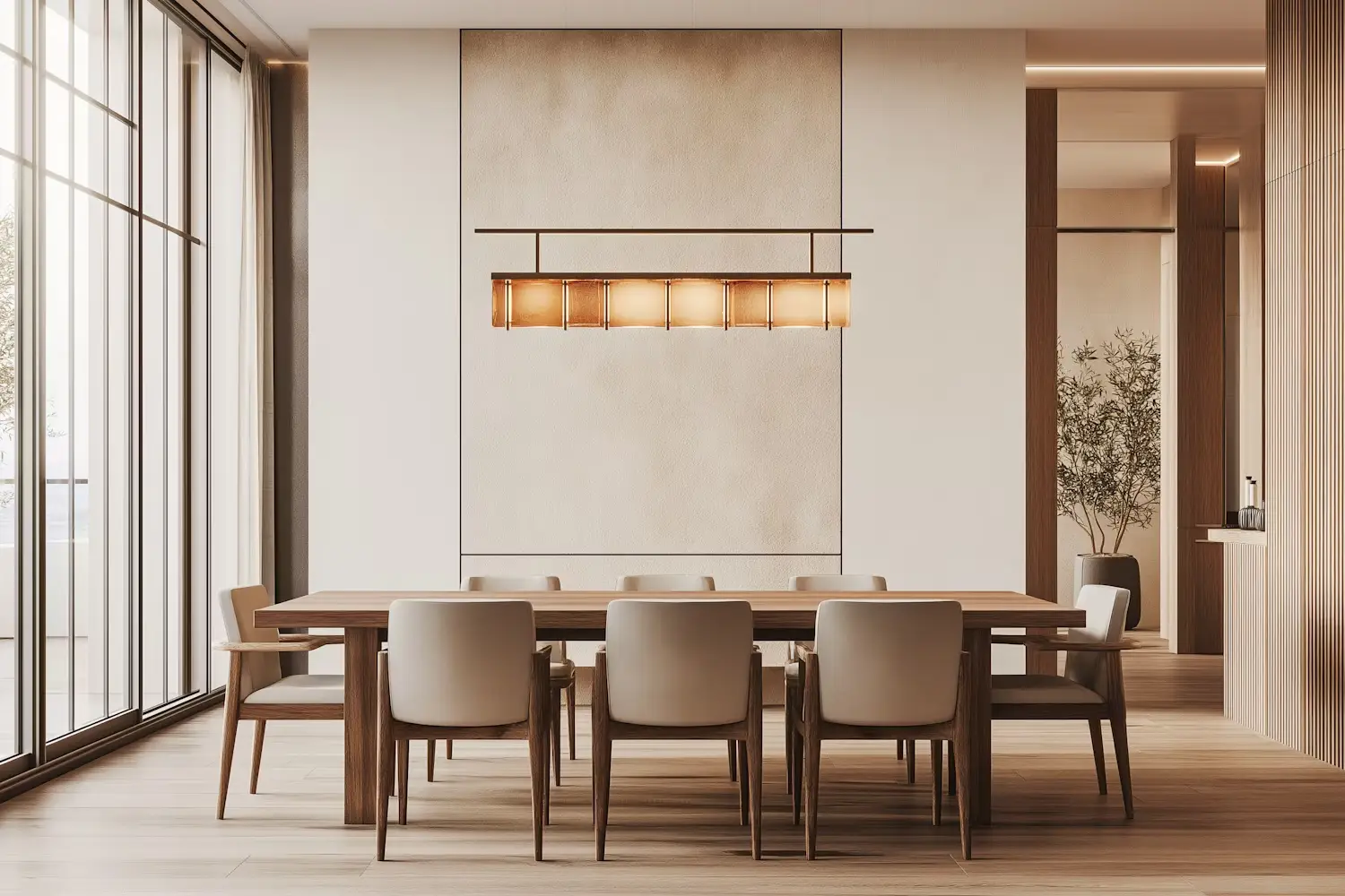 Modern dining room with long wood table and linear chandelier.