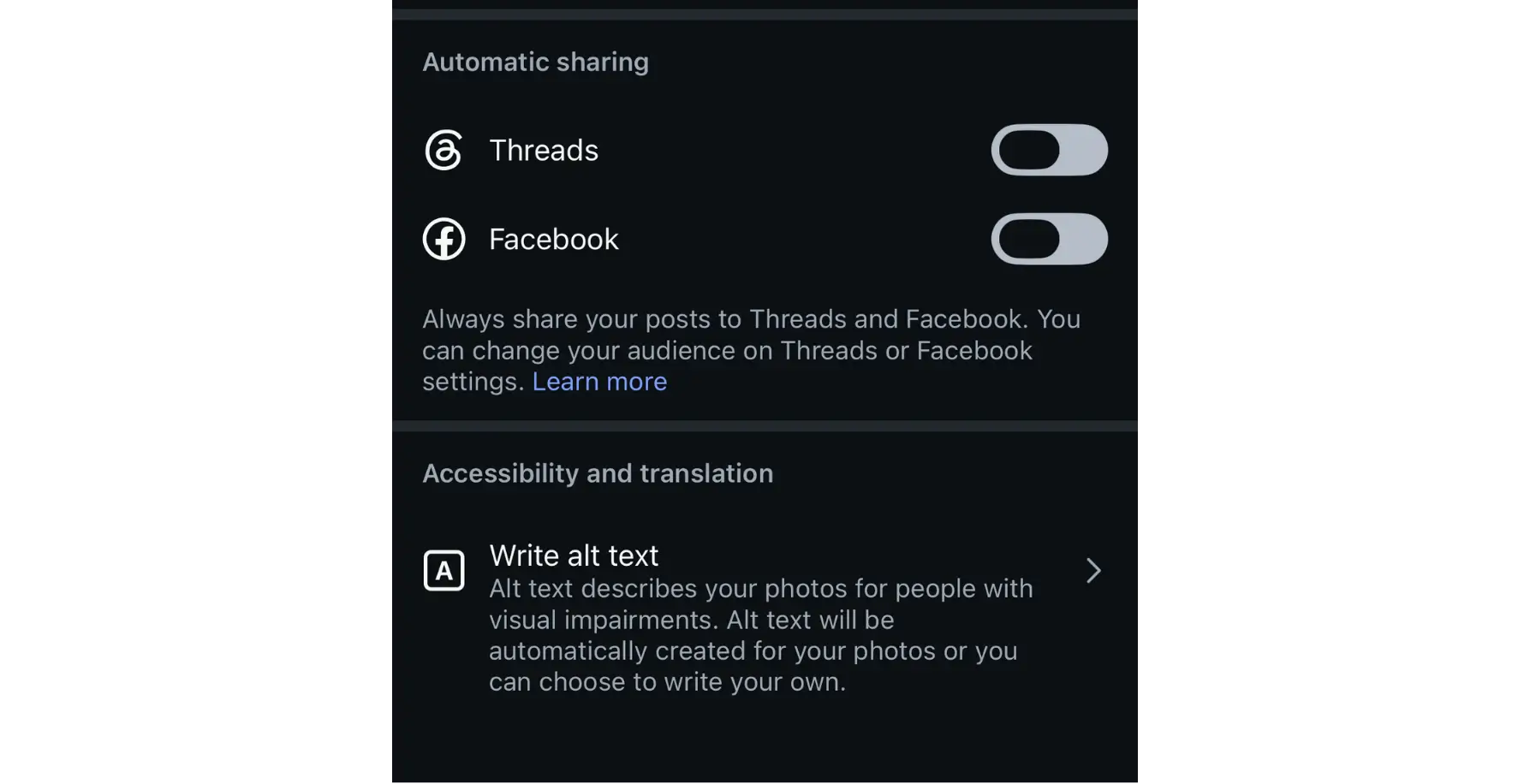 Instagram Advanced Settings screen showing where to add custom alt text to a post