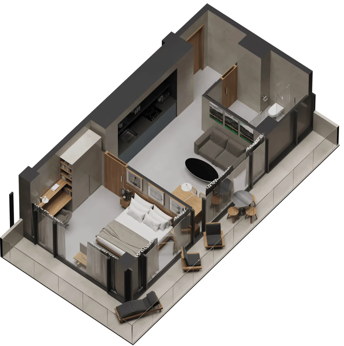 Stylish 1BR with study area, open kitchen, and wide balcony.