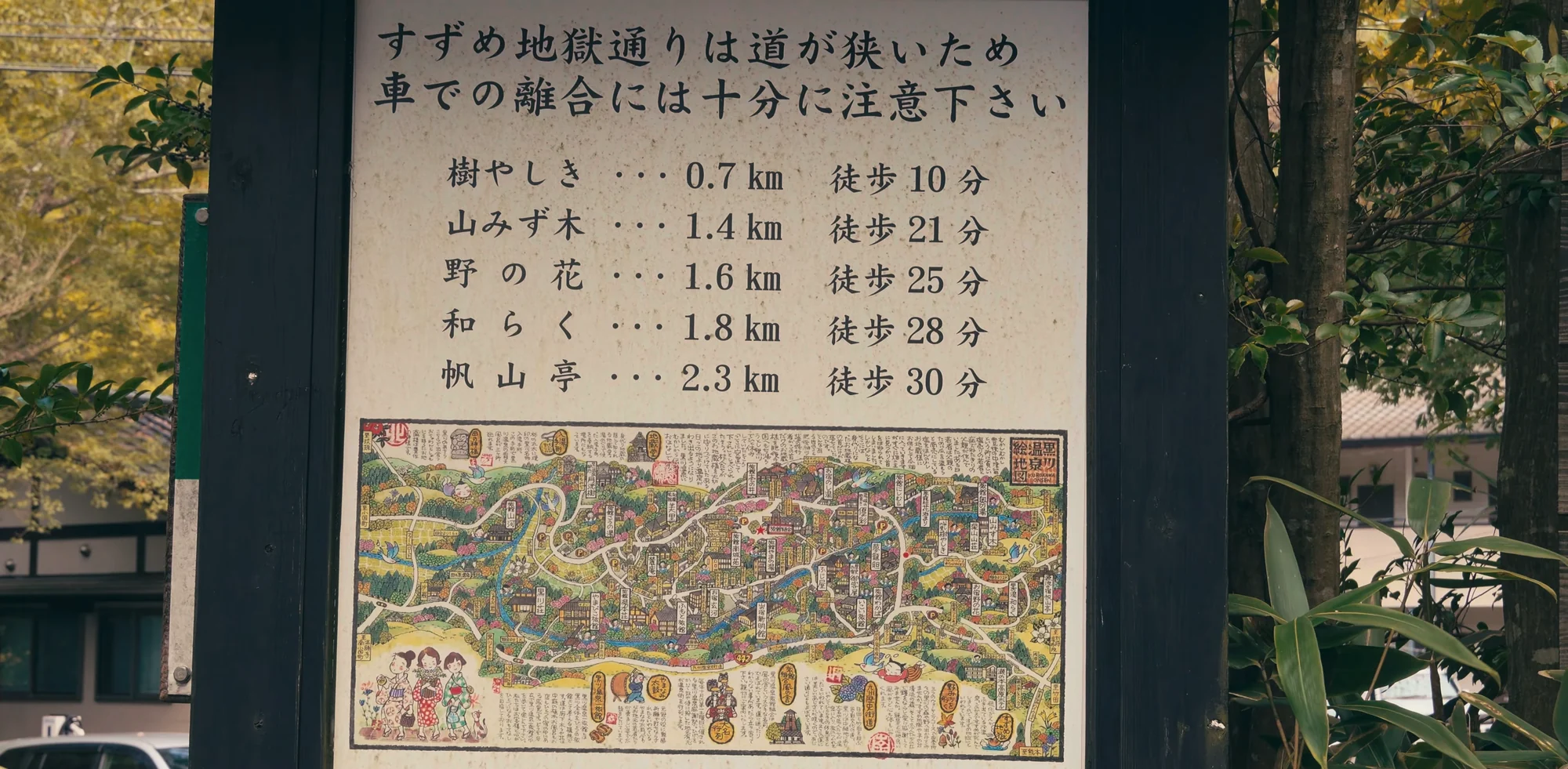 Signboard listing walking distances and times from Kurokawa village to outlying inns