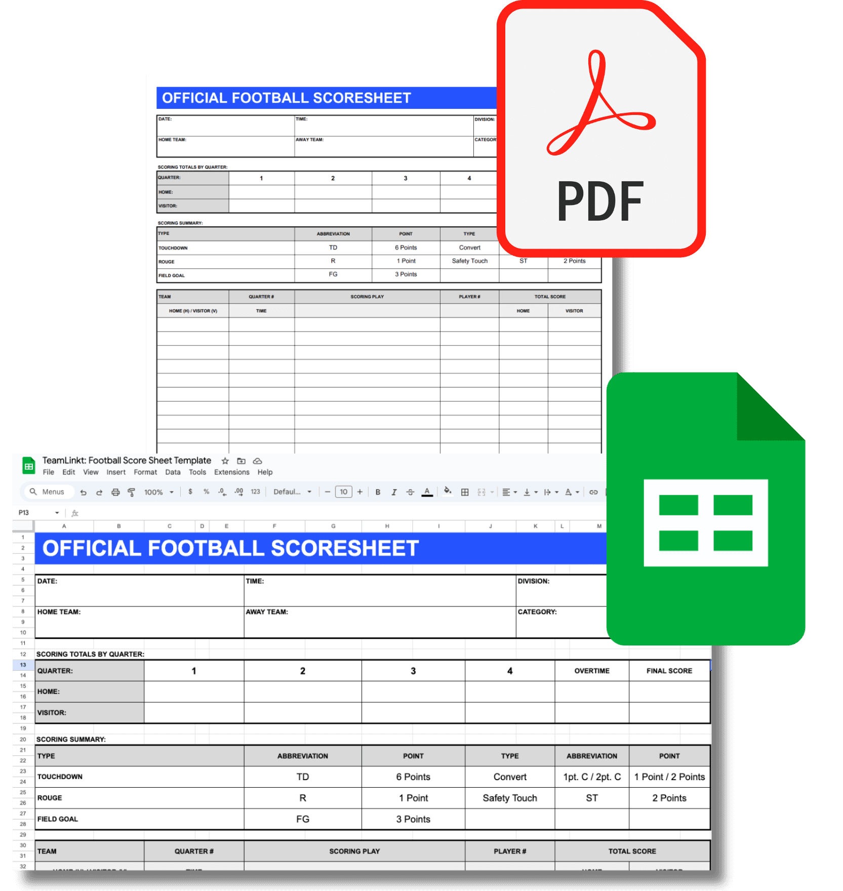 Football Score Sheet Template PDF and Excel Files