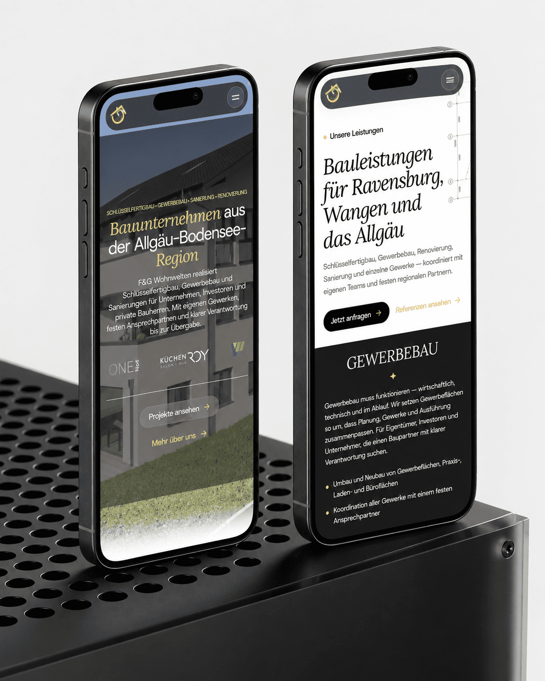 F&G Wohnwelten: Startseite und Leistungen auf zwei Smartphones.