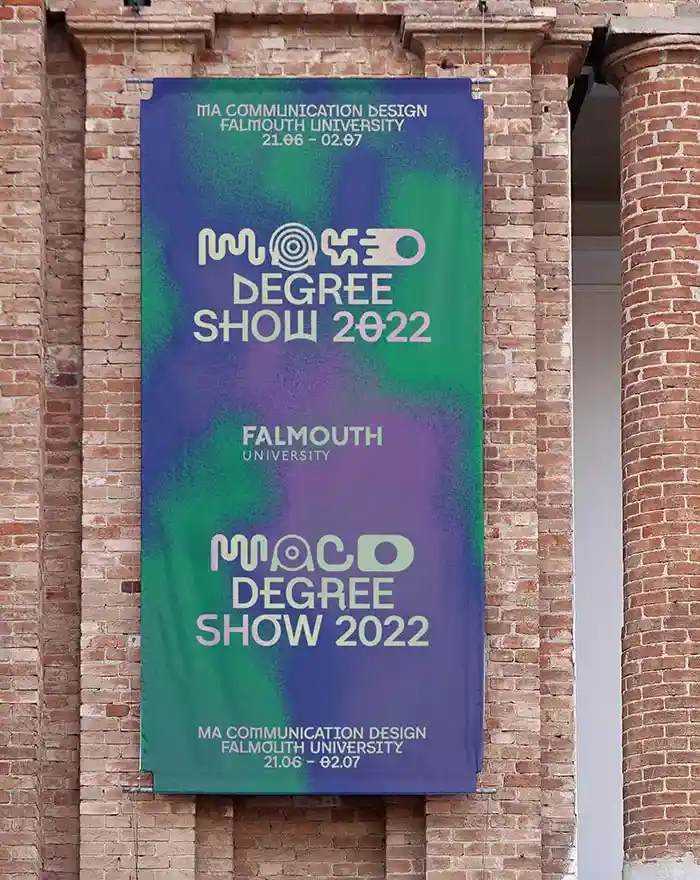 A green and violet banner in front of a brick wall showcasing various alternate glyphs from Residenz Grotesk