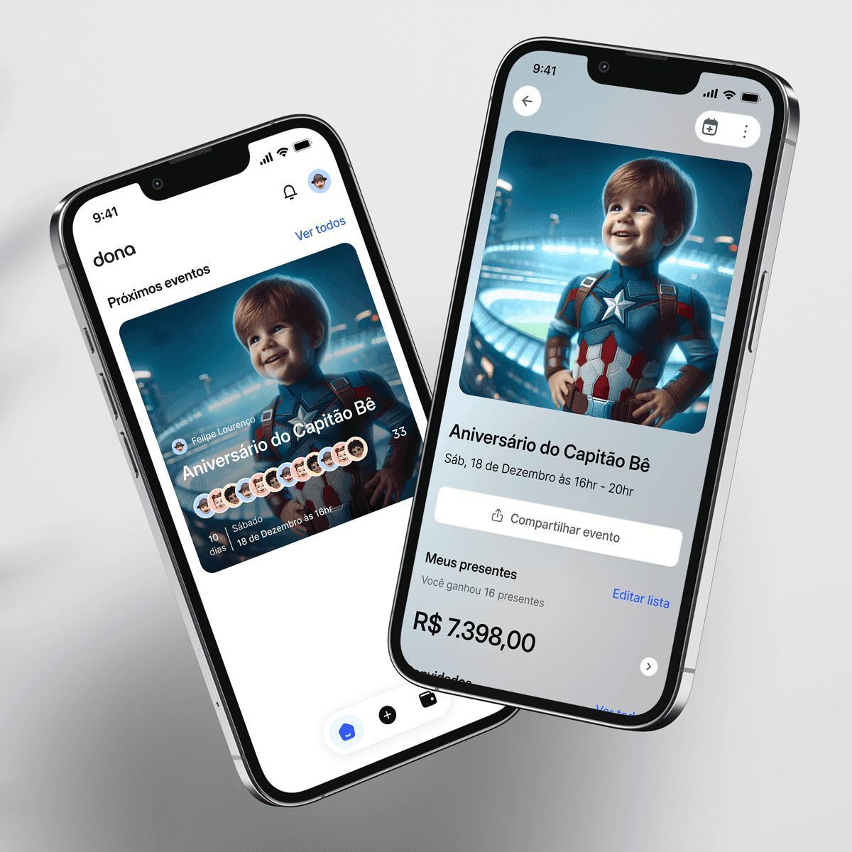 Tela do aplicativo Dona mostrando convite infantil personalizado, lista de presentes e controle de convidados